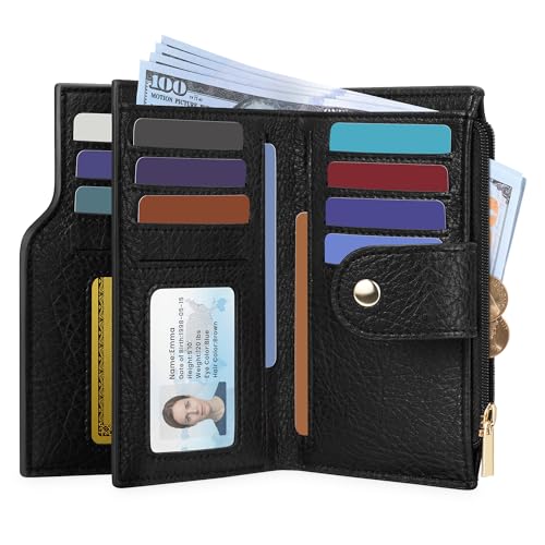 Airkit Small Womens Bifold Wallet RFID Blocking Credit Card Holder with Zipper Travel Cute Coin Pocket Wallet for Ladies Black