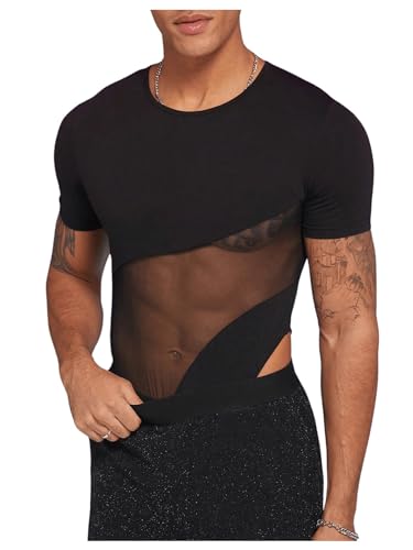 GORGLITTER Men's Mesh Jumpsuit Sheer Bodysuit Crew Neck Short Sleeve Transparent Shirt