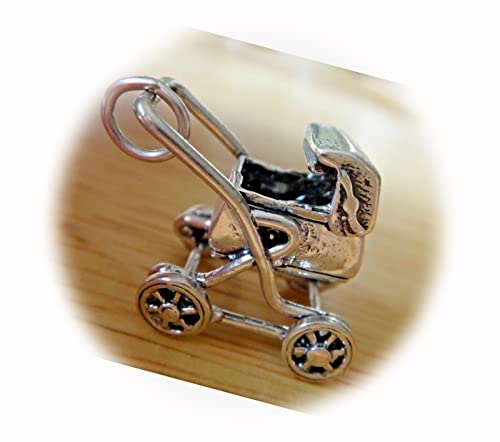New Sterling Silver 3D 28x22x15mm Movable Stroller Pram Carriage Charm CII4679SEE