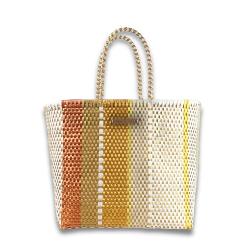 Image of MARIA VICTORIA Handwoven Plastic Mexican Tote Bag Large For Women, Waterproof, Lightweight, Multi-Color Design, Perfect for the Beach, Shopping, and Everyday Use, Cappuccino Large