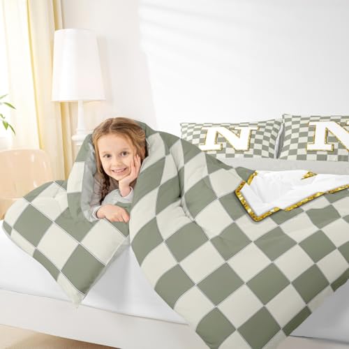Image of Erosebridal Sage Green Checkered Comforter Set Queen Plaid Initial N Bedding Set Personalized Monogram Comforter for Kids Adults,Fashion Grids Gingham Quilt Duvet