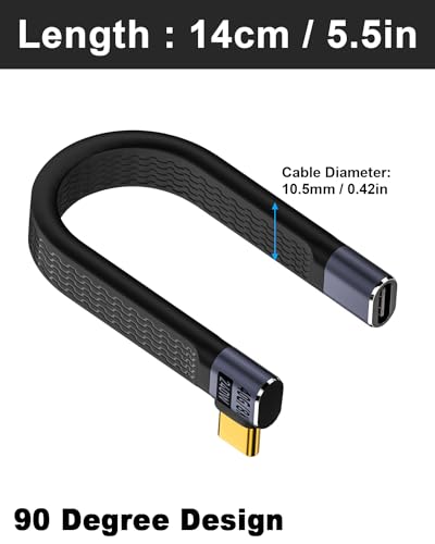 Image of Poyiccot Flat Short USB C Extension Cable 5inch, 240W Right Angle USB C Male to Female Cable, 40Gbps USB 4.0 Type C Extender Cable 8K Video for Thunderbolt 4, External SSD, Docking