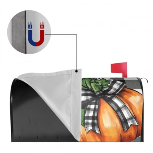 Image of Fall Autumn Magnetic Mailbox Cover Orange Pumpkin Bowknot Buffalo Plaid Checkered Thanksgiving Mailbox Wrap Post Cover Standard Size 21x18 Inch for Garden Yard Outdoor Seasonal Decor