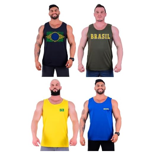 Kit 4 Regatas Clássicas Tradicional Masculina MXD Conceito Algodão Casual e Academia Bandeira do Brasil (G, Opção 01)