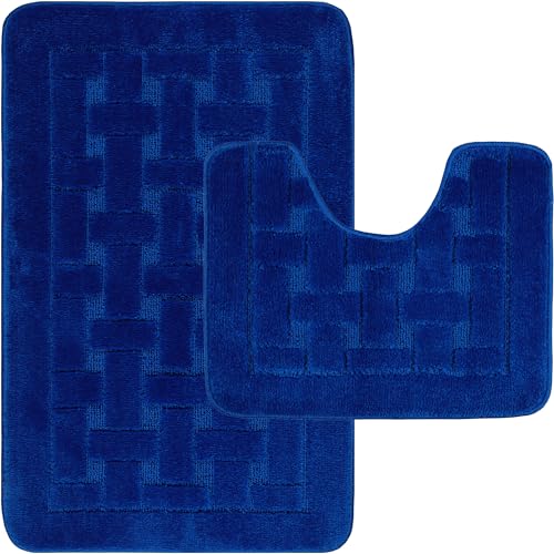 LS DECOR Luxury 2 Piece Block Bath Mat Set Non Slip Ultra Soft Bathroom Mats Water Absorbent Bath Mats Machine Washable Rug Toilet Mat for Bathroom Floor (BLUE)