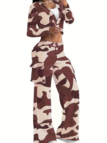 THLAI 2 Piece Sets for Women Camo Long Sleeve Vneck