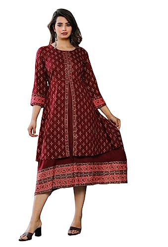 Image of Women Rayon Gold Printed Long Gown Kurta