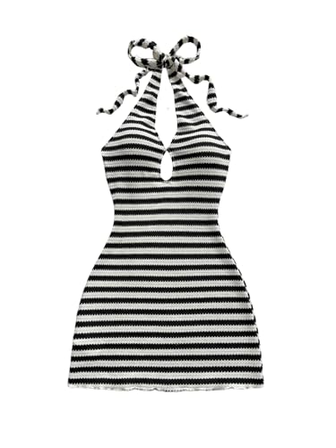 Image of GORGLITTER Women's Vacation Outfit Crochet Halter Knit Bubble Mini Dress Sexy Beach Cruise Summer Miami Resort Outfits
