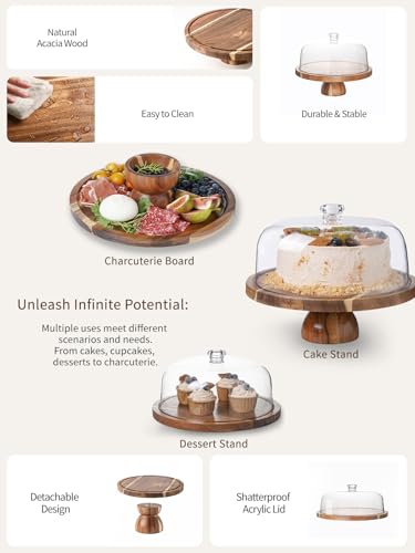 Kanwone Acacia Wood Cake Stand with Acrylic Lid - 12in Cake Plate, Multi-Functional Dessert Table Display Set, Charcuterie Board, Cake Holder with Dome, Detachable Design - Image 5