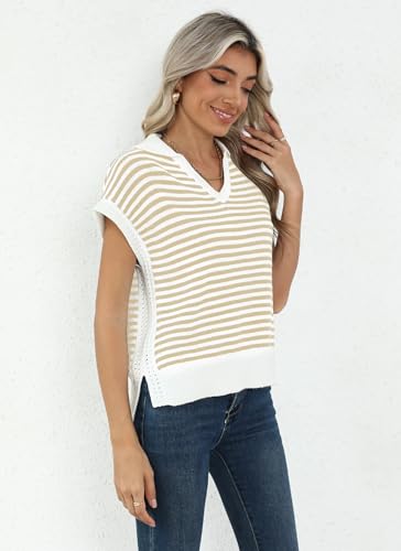 Image of Summer Sweater Vest for Women Knit Sleeveless Striped Johnny Collar Pullover Tank Tops V Neck Cap Sleeve Blouse