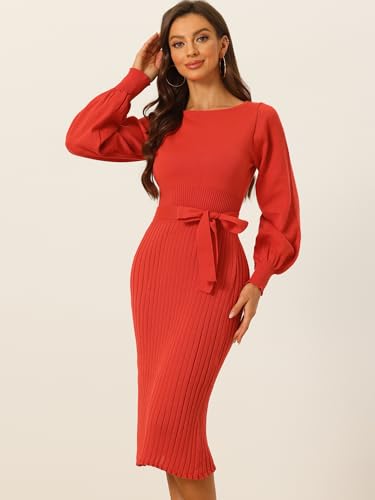 Image of Allegra K Women's Knit Pleated Dresses Casual Belted Midi Sweater Dress