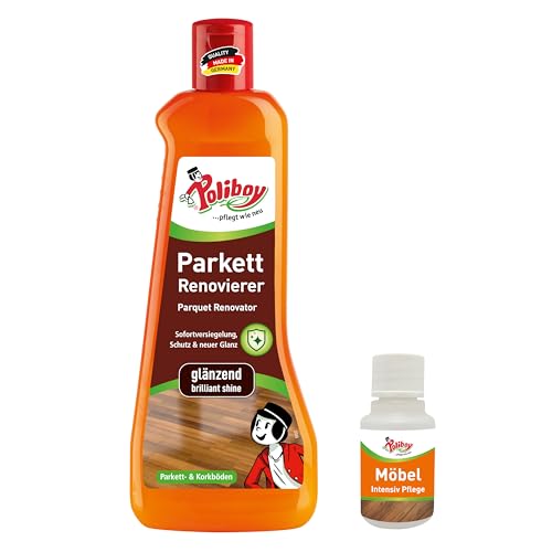 POLIBOY Renovierer glänzend – Parkettaufbereiter für versiegelte Holzböden – Parkettversieglung durch Schutzschicht – Ohne Abschleifen - 1 x 500 ml - Mit Produktprobe - Made in Germany