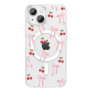 ZTOFERA for iPhone 13/14 Magnetic Case Clear,Cute Love Heart Ribbon Bow Tie Aesthetic Phone Case,Transparent Trendy Slim Soft Shockproof Protective Phone Cover for Women Girls,Peach Pink