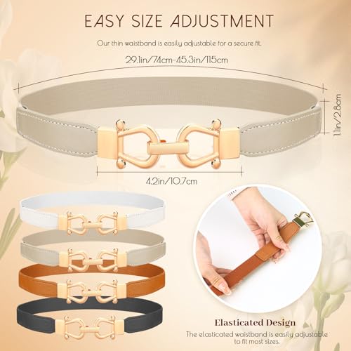 4 Pack Women Stretchy Thin Waist Belt, Fashion Elastic Skinny Belt for Ladies Dresses Jeans with Metal Gold Buckle2