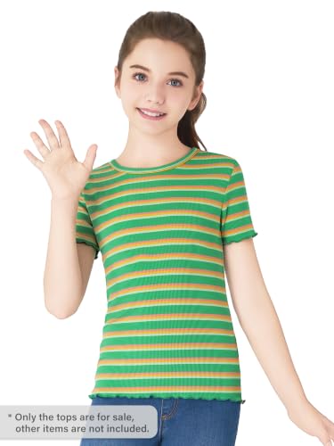 Image of Girls Striped T-Shirt Lettuce Trim Short Sleeve Top Size 6-16 | Soft stretch ribbed knit fabric, breathable blouse,summer outfit for big girls & teen, for school, party and daily activity