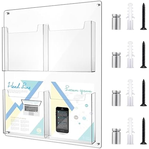 Yousoontic 4 Pocket Pamphlet Holder Wall Mount Acrylic Brochure Holder Plastic Trifold Multi Slot Flyer Rack Clear Literature Rack Magazine Literature Display Wall Hanging Organizer for Office Cover