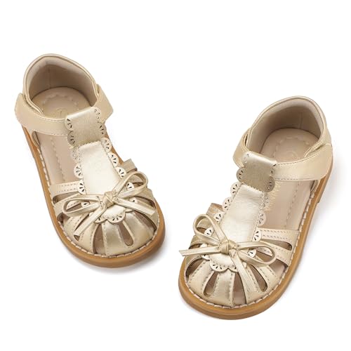 Image of PANDANINJIA Toddler Girls Sandals Closed Toe T-Strap Kids Dress Summer Flats Sandals Cute Bow Flower Girl Shoes