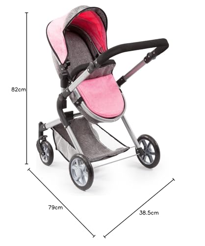 Bayer Design 18125AA Carrozzina Per Bambole City Neo, Regolabile In Altezza, Convertible, Rosa, Grigio - 7