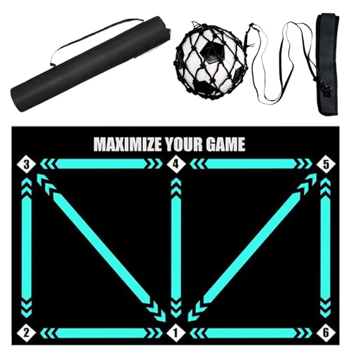ECENUR Football Footstep Training Mat Soccer Training Mat 35 * 24IN Soccer Skills Training Equipment with Storage Bag and Soccer Return Trainer Net (Black-Blue)