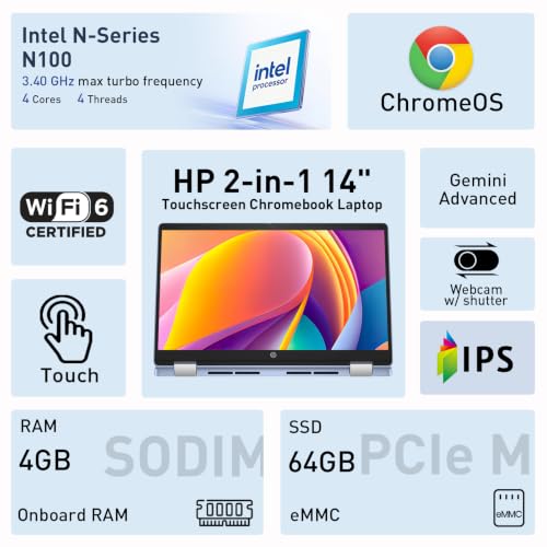 Image of HP 2-in-1 14 inch Touchscreen Chromebook Laptop, 4GB RAM, 64GB SSD, Sky Blue | Intel N100 4-core CPU, Gemini Advanced, HD IPS Display, Webcam w / shutter, HP Fast Charge, ChromeOS, w / Wireless Mouse