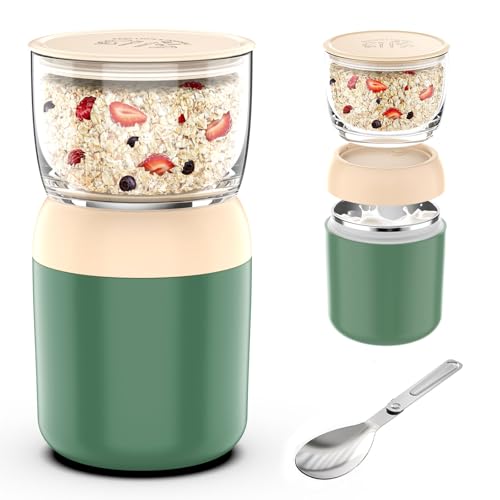 Anhow Müslibecher to go 700ml, Isolierende Edelstahlinnenwand 400ml+300ml Trennwand Joghurtbecher to go Becher mit Klapp Löffel für Joghurt/Porridge/Haferflocken - Grün