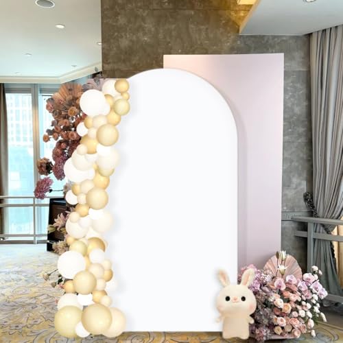 Image of MLMC Arch Backdrop Cover Set of 2 6+7.2FT White Fitted Spandex Backdrop Stand Cover Stretchy Round Top Chiara Arch Cover for Baby Shower Birthday Party Wedding Ceremony Photography Background Decor
