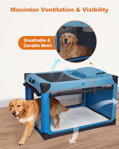 Ownpets 122 cm XXL Klappbarer Hundekäfig für Große Hunde, Tragbarer Reisehundekäfig, 4-Türiger Faltenbarer Haustierkäfig mit Robusten Netzfenstern und Weicher Matte, Blau