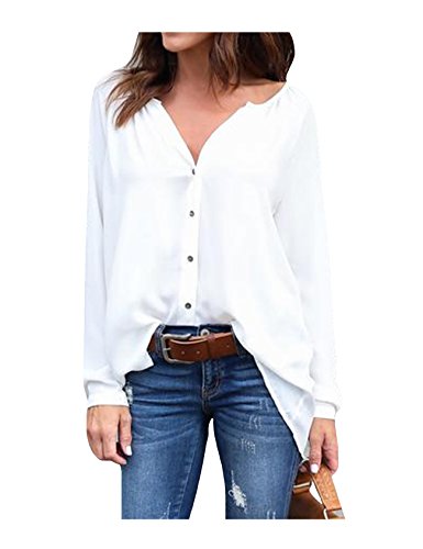 Bestgift feminino blusa tamanho plus com decote em V manga comprida com botões tops brancos XGG