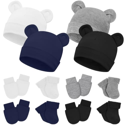 Cuffbow 4 Pcs Preemie Baby Hats Mittens and Socks Set Newborn Cotton Warm Socks for Premature Newborn Baby Nicu Girls Boys(Classic Color Preemie)