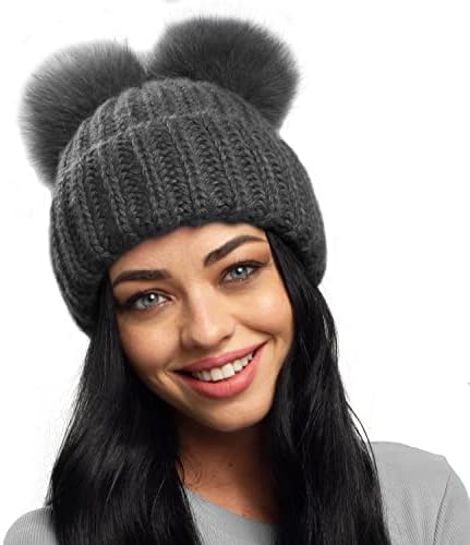 2 Pom Beanie Women Knit Warm Winter Hat Fleece Lined