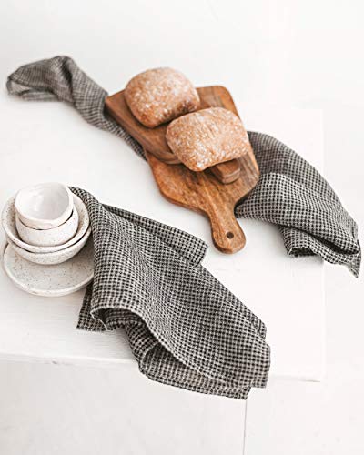 Pure 100% Linen Kitchen Towels - Set Of 2 Linen Tea Towels Waffle Weave Black-Natural - 13 X 29-Inch Soft Lightweight Stone-Washed Linen Dish Towels - Quick-Dry Linen Hand Towel - Kitchen Linens #TOP5