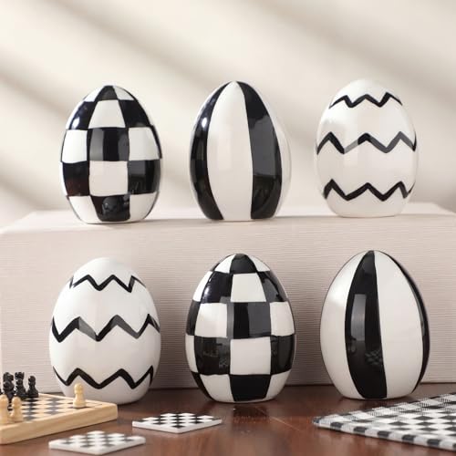 DoubleFill 6 Pcs Ceramic Easter Eggs Black and White Checkered Porcelain Eggs Spring Basket Bowl Filler Rustic Decorative Hanging Ornaments for Easter Home Trays Holiday Party Decorations