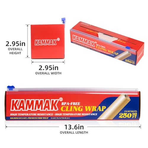 KAMMAK Food Cling Wrap, Kitchen Plastic Wrap with Slide Cutter, Professional Restaurant Bulk Cling Film Roll Quick Cut Food Service Film(12 IN*250 SQ FT)