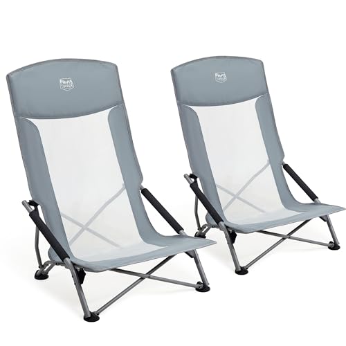 TIMBER RIDGE Low Folding Beach Chair, Folding Lightweight Camping Chair with Mesh High Backrest 150kg Capacity Carry Bag & Padded Armrest for Garden Outdoor BBQ Travel Picnic (Grey-2PCS)