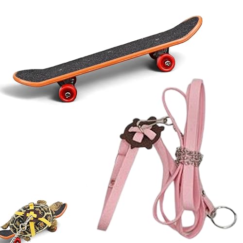 PurrrfectionPet Adjustable Tortoise Leash Funny Skateboard Set, Training Harness Mini Skateboard for Turtle Dragon Bearded Lizard Small Pets, Pet Tortoise Toys, Accessories Tortoises (Pink Small)