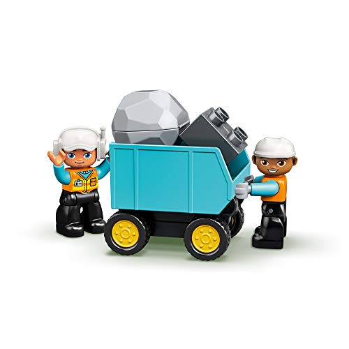LEGO 10931 Duplo Camión y Excavadora con Orugas, Juguete Educativo de Construcción para Niños de 2 Años o Más con 2 Figuras de Trabajadores y Roca