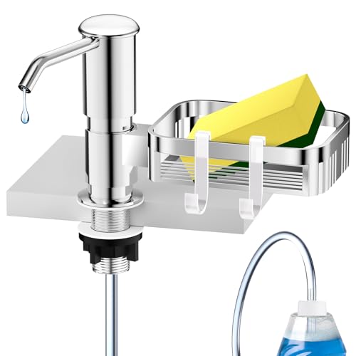 Soap Dispenser for Kitchen Sink, Mecyfaty Under Counter Sink Soap Dispenser Pump with 39' Extension Tube Kit, Built in ABS Kitchen Dish Soap Dispensers with Sponge Holder, No More Refills, Chrome