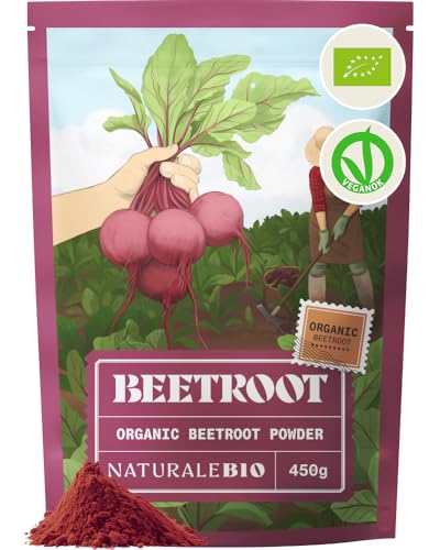NaturaleBio Beetroot Powder 450g. Organic beetroot powder made from dehydrated root. Naturally rich in nitrates and antioxidants. Suitable daily use as part of a balanced diet. Vegan and gluten-free.