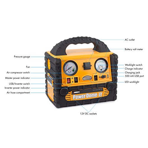 Wagan EL2464 Power Dome LT Auto 300 Peak Amp Jump Starter with 260 PSI Air Compressor, 200W Power Inverter, AC Receptacle, DC Sockets, USB Power Port, LED Worklight, Yellow