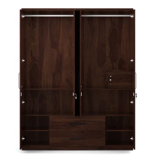 Image of Spacewood Lauren Wardrobe | 3 Year Warranty | Almirah, Cupboard, Almari, 4 Door Wardrobe, 4 Drawer (2 Lock Drawer) and 2 Hanging Space & 1 Internal Locker|Engineered Wood| Sheesham