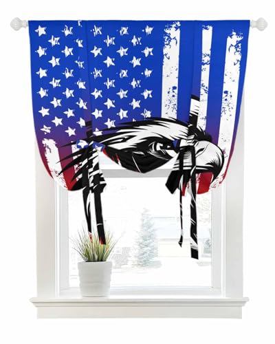 Tie Up Curtains for Windows Red White Star Striped Flag Rod Pocket Tie-Up Window Shade Adjustable Balloon Curtain Valance Vintage Black Eagle for Bedroom Kitchen Bathroom Blinds,42x45in
