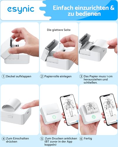 eSynic Mini Drucker – 200 DPI Thermodrucker Bluetooth Drucker für Smartphone, Kompakt und Tragbar, Kein Tintenbedarf, Ideal für Notizen, Etiketten, DIY-Projekte und mehr (Weiß)