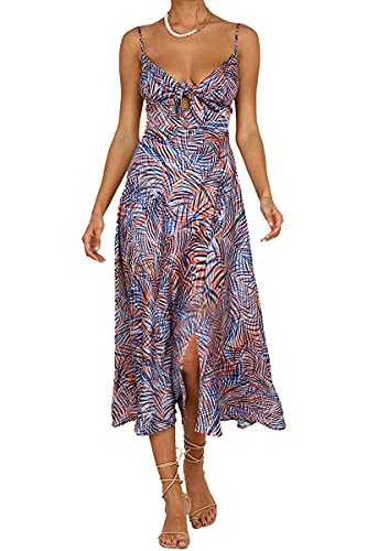 Image of Fashionme Women Spaghetti Strap Midi Satin Dresses Tie Front Backless Slit Cutout Dress Semi-Formal /Casual Flowy Lightweight