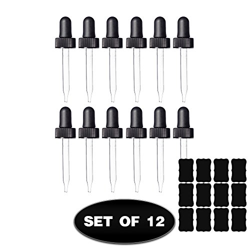 Glass Eye Droppers Fits 15ml (1/2 Ounce) Essential Oil Bottles, Pack of 12 Pre-Assembled Droppers Plus 12 Chalkboard Stickers