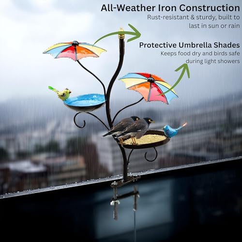 Image of Kraftskala Balcony Bird Feeder with Water Bowl & Umbrella Shade - Clamp-On Mount Bird Feeding Station for Railing - Outdoor Bird Bath & Feeder for Sparrows, Small Birds, Garden Decor