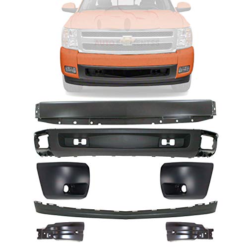 New Front Bumper Primed + Lower Valance Air Deflector + Extension Textured + End Caps + Filler Left Driver & Right Passenger Side For 2007-2013 Chevrolet Silverado 1500 Direct Replacement