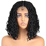SOKU Short Curly Faux Locs Lace Frontal Wig 12 Inch Natural Black 4x4 Large Parting Space Twist Dreadlock Wigs for Black Women Afro Curly Braided Synthetic Wig