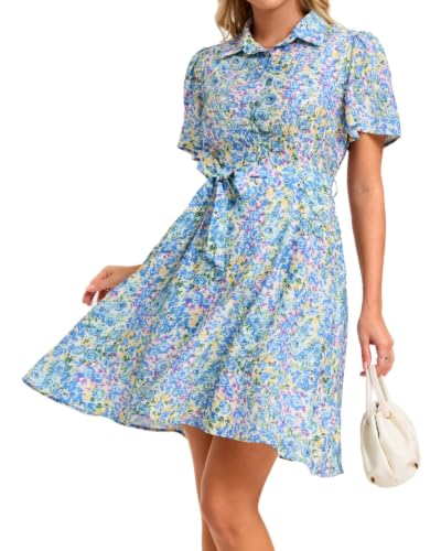 Image of Women Long Sleeve Spring Button Down A-Line Floral Print Summer Cocktail Shirt Dresses with Belt