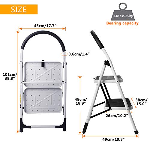 2 Step Stool, Gimify Folding Step Ladder Steel Stepladders (Upgraded Version) Non-Slip Sturdy Steps Wide Pedal with Comfortable Hand Grip for Home Kitchen Garden Office 330 lbs