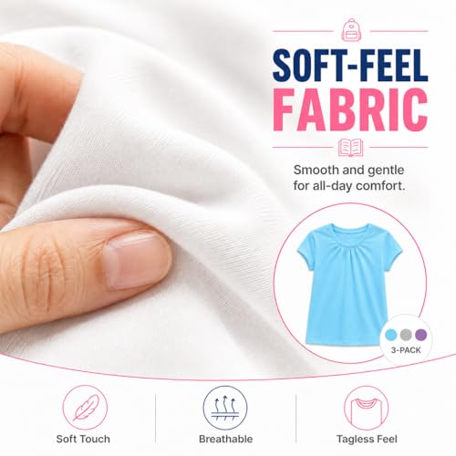 Image of Bienzoe Plain Solid Girls T-Shirts: School Basic Tee 3-Pack | Short Sleeve, Ages 4-13, PE, Recess, Outdoor Play, Soft Cotton Blend, Breathable Quick-Dry, Easy Care, Easy to Mix and Match